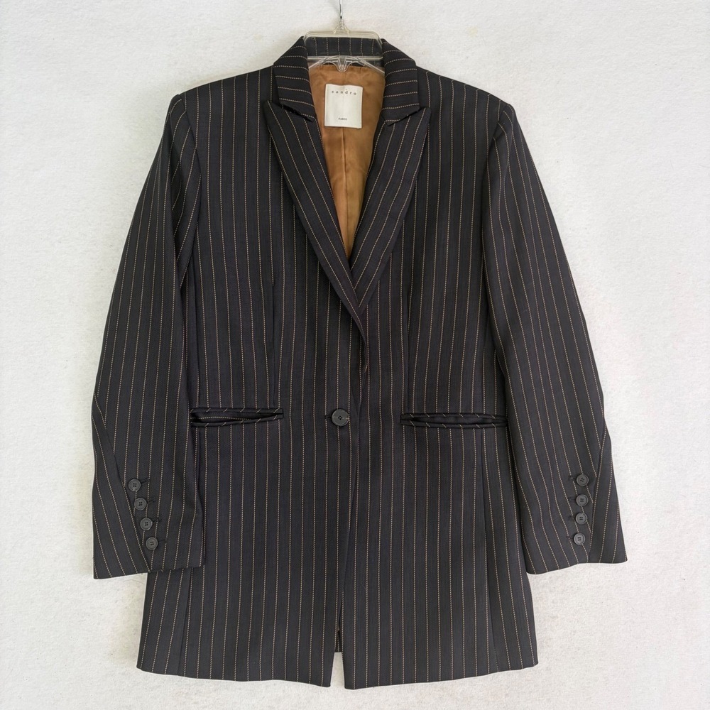 Sandro Paris Pinstripe Blazer Women 38/6 Navy Gold Single Button V7238H - Picture 2 of 13
